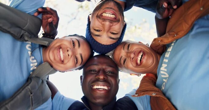 Happy, people and face in team huddle for celebration of charity, solidarity and teamwork outdoor in nature. Excited, diverse group of volunteers for community service, collaboration and recycling