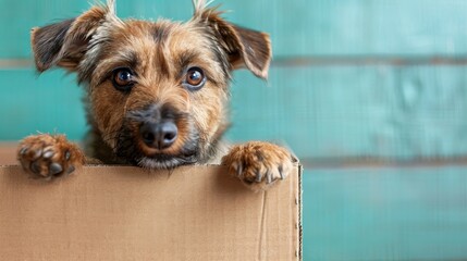 Little dog peeking out from a cardboard box, ears perked up, with a mischievous grin, on bright pastel background