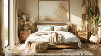 cozy wooden home bedroom interior with bed nightstand and decor frame mockup 3d rendering