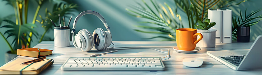 Creative Illustration: Photo Realistic Headphones and Notebook Design with Ample Space for Text and Graphics   Ideal for Office Setups and Productivity on Photo Stock