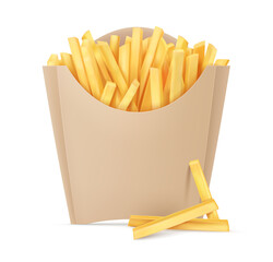 French fries. Fried french potatoes kraft paper box. Snack fast food takeaway. Popular roasted potato chips sticks snack cardboard packing, isolated. Realistic. PNG Illustration.