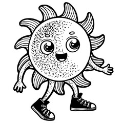 Cartoon sun walking sketch engraving PNG illustration. T-shirt apparel print design. Scratch board imitation. Black and white hand drawn image.