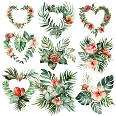 Fotobehang Romantic Valentine's Day Bouquet with Watercolor Red Flowers and Golden Element © Yevhen