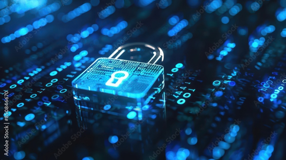 Aufkleber cyber fortress futuristic digital padlock on glowing blue binary code background abstract cyber secu
