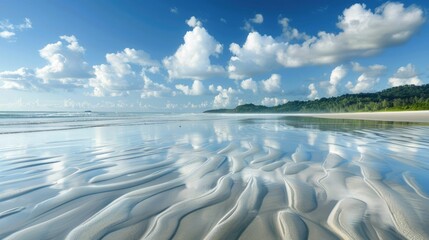 A close up of a sandy beach with waves crashing onto the shore, showcasing the beauty of natures water and wind waves in a natural landscape AIG50