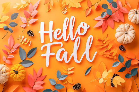Words "Hello Fall" on autumn background