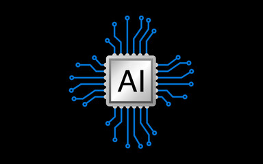 microchip with AI in the center and circuit lines extending outward, artificial intelligence, smart technology, machine learning, and digital innovation, IT, ata science-related design projects
