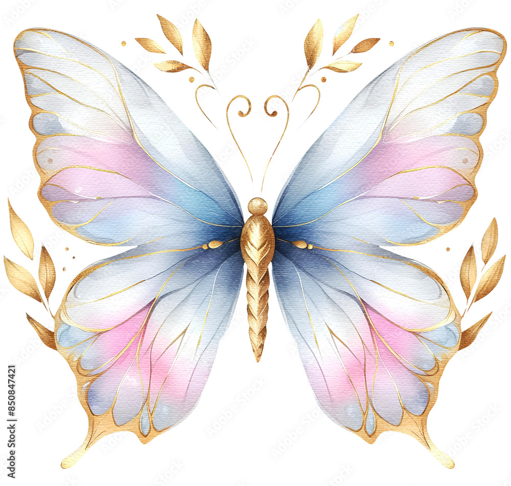 Wall mural Gold butterfly watercolor pastel luxury clipart transparent background, brightly colored wings