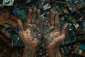 Closeup of hands holding ewaste particles amid discarded circuit boards