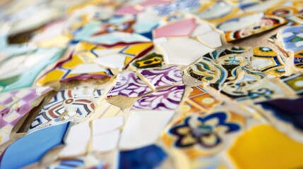 Fototapeta premium Close-up of ceramic mosaic tiles, soft morning light, vibrant colors with intricate patterns. -