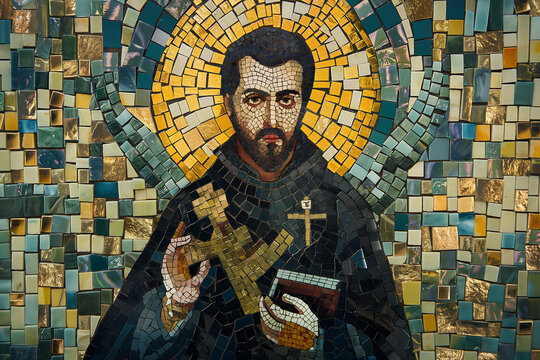 A detailed mosaic painting depicting Saint Francis Xavier in his iconic missionary garb, holding a crucifix and Bible. 
