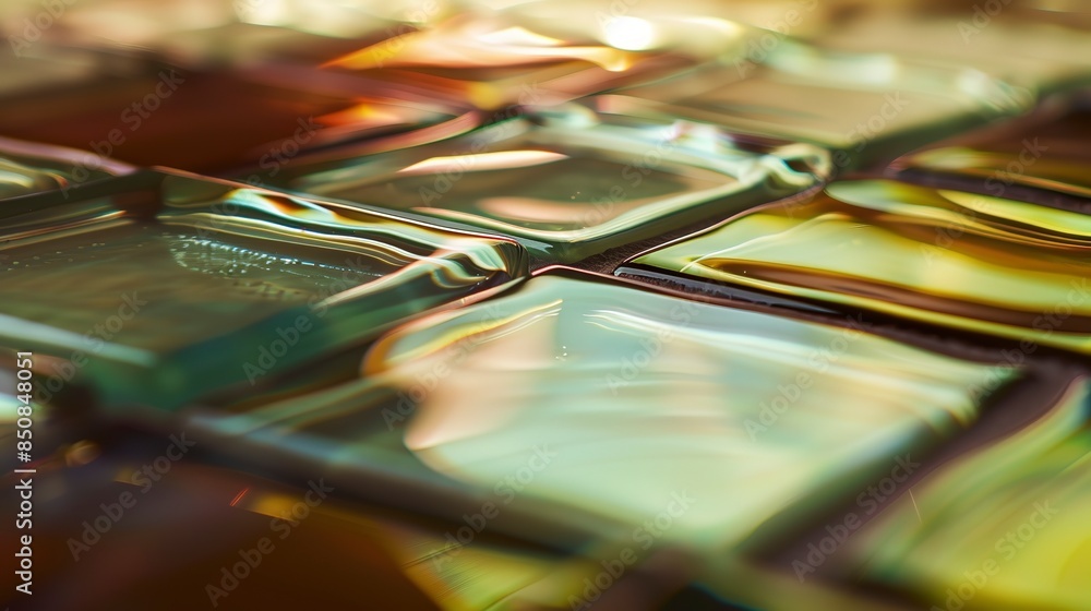 Poster Close-up of glass tiles, soft evening light, translucent with rich colors and reflective surface.