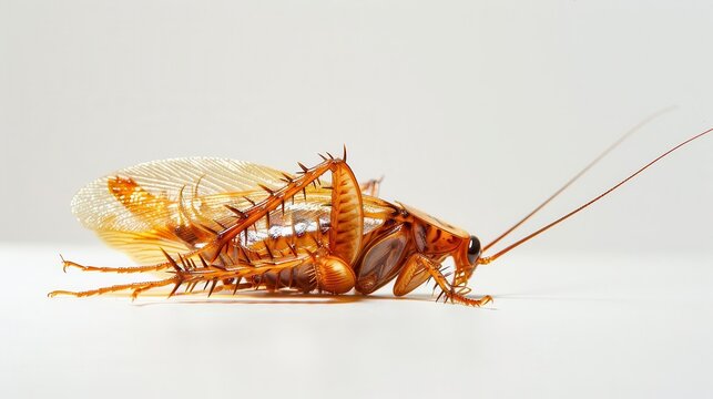 dead cockroach on white background macro closeup of brown insect pest