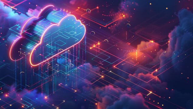 Digital technology illustration of cloud computing with glowing digital clouds and data flow lines on a dark blue background, symbolizing online storage or big data Generative AI