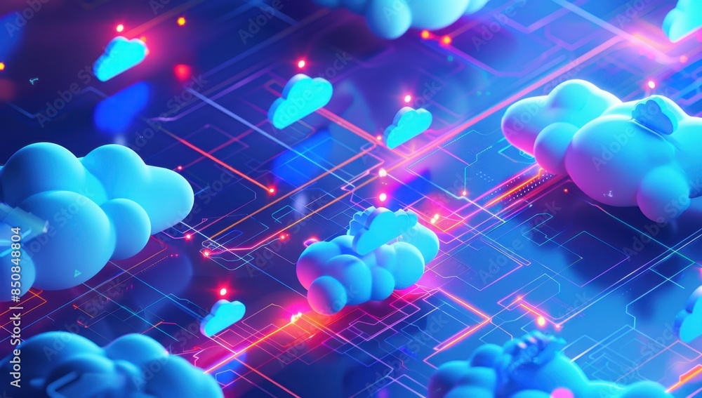 Poster isometric illustration of clouds and data on a blue background with neon lights generative ai