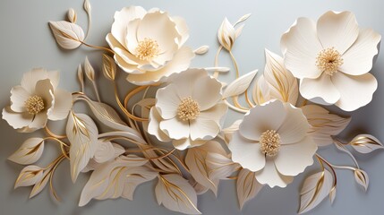 3D mural wallpaper flowers in gold and cream colors