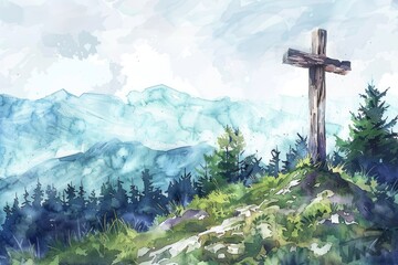 Sacred Symbol of Christianity: Hand-Drawn Wooden Cross on Mount Golgotha