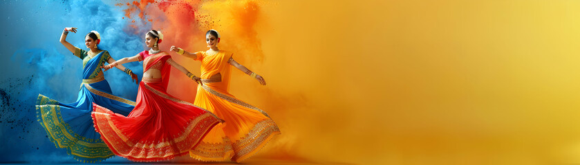 Fototapeta premium Photo Realistic Indian Dance and Flag Concept: Stylized Dancers in Traditional Attire with Tricolor Elements, Cultural Celebrations