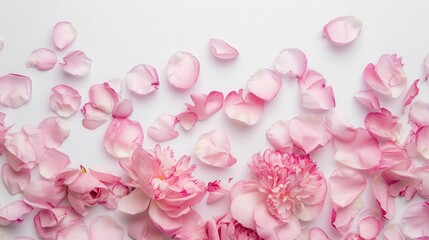 Obraz premium delicate pink peony flower petals on white background floral top view composition