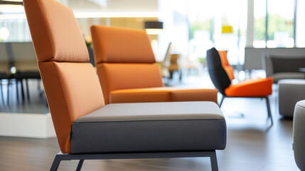 A chair with orange and gray fabric is sitting in a room with other chairs, modern office interior