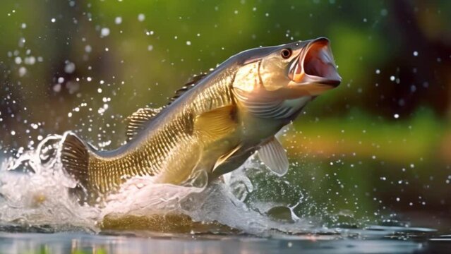 This largemouth bass leaps out of the water, its mouth wide open.