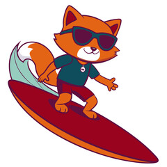 Vector image of an anime cat surfer riding a huge wave, with a relaxed, cool expression and sunglasses perched on its nose