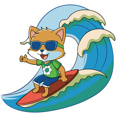 Vector image of an anime cat surfer riding a huge wave, with a relaxed, cool expression and sunglasses perched on its nose