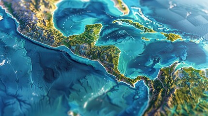 detailed physical map of central america and caribbean 3d illustration