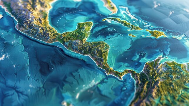 detailed physical map of central america and caribbean 3d illustration