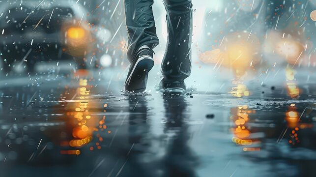 determined individual walking through the rainsoaked streets wearing light shoes and embracing the elements symbolizing resilience and perseverance aigenerated digital painting