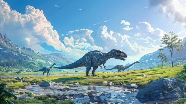 dinosaurs roaming triassic period landscape with green grass and blue sky digital illustration