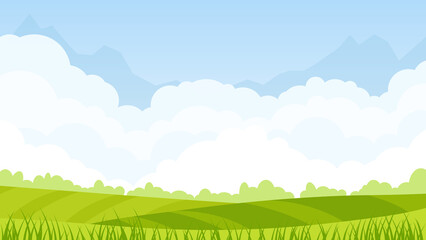 Bright morning country spring landscape of green field, blue sky and clouds