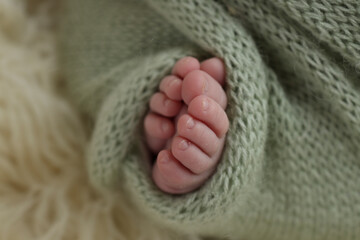 Soft feet of a newborn in green, pistachio, olive blanket on a white background