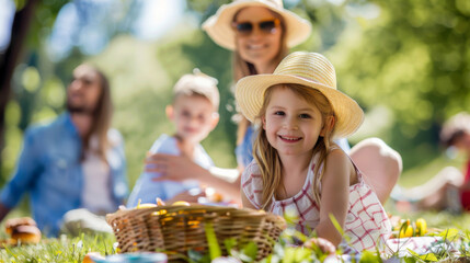 Family enjoying a sunny day outdoors, having a picnic in a park. Smiling children and parents spending quality time together.