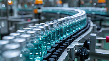 Bottling and packaging of sterile medical products. Line of products for the pharmaceutical industry. Bottles with medicines or pills in laboratory or production factory.