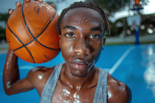 fish-eye lens photo of young sweaty black man posing with basketball ball, street basketball player, casual gen-z POV