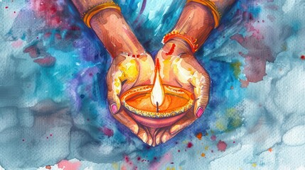 diwali devotion womans hands holding lit diya lamp in spiritual celebration watercolor illustration
