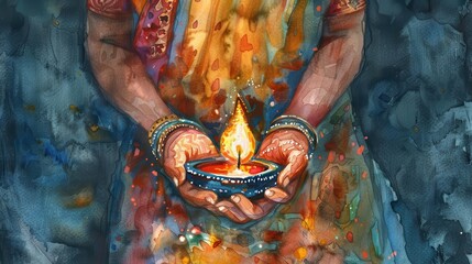 Fototapeta premium diwali devotion womans hands holding lit diya lamp in spiritual celebration watercolor illustration