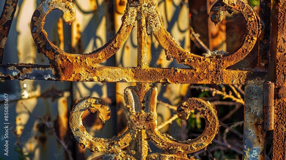 Poster Close-up of corroded iron gate, gentle morning light, intricate patterns with weathered rust. 