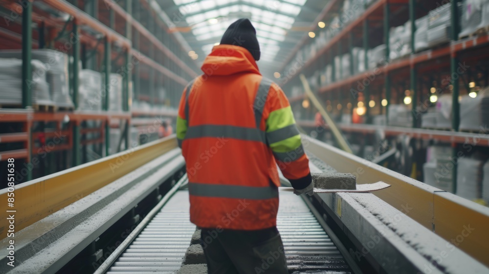 Poster happy warehouse worker loading package while placed on the rail at storage. worker wearing safety ja