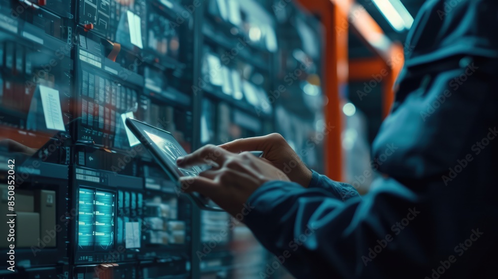 Poster close up of smart project manager hands looking tablet while checking product at warehouse. start up