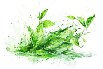 Warm Tea Break: Hand-Drawn Watercolor Illustration of Fresh Green Tea Leaf Heap