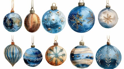 Watercolor Christmas Ornaments in Blue, Beige, and Brown with Thread Accents