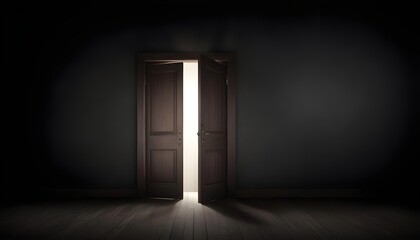 A wooden door opening to reveal a bright light in a dark room