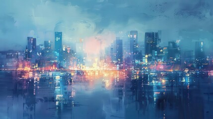 Obraz premium dreamy cityscape at twilight with glowing lights and soft focus abstract urban landscape painting