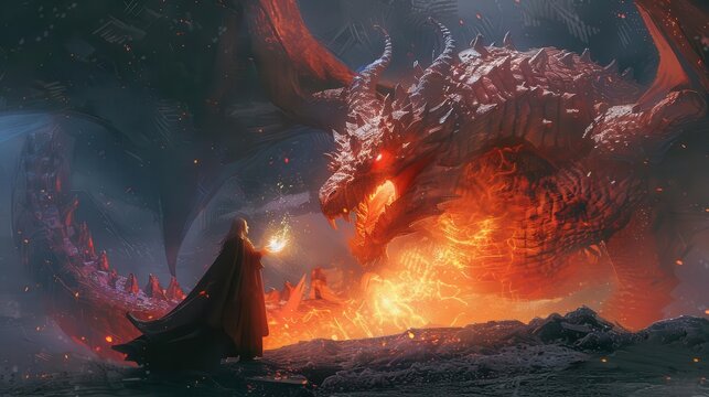 dramatic wizard summoning a fearsome dragon with a magic spell fantasy digital painting