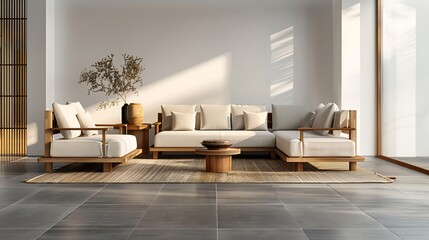 A sleek monochrome lounge with wooden accents and a beige area rug complementing the refined grey tiled floor, exuding contemporary charm.