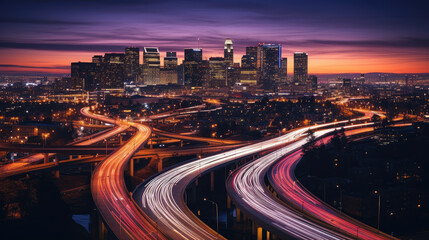 Metropolitan Twilight: City Skyline and Highway Lights