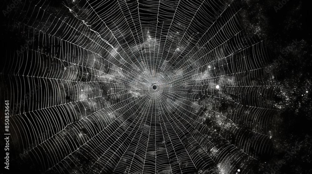 Poster Abstract fractal sipder web on dark background with grungy ornament of broken moody web and particles.
