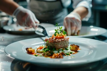 Expert chef adds final touch to an elegant plate in a restaurant kitchen setting